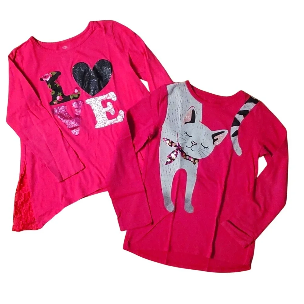 2 Girls Long Sleeve Shirts- LOVE by‎ Children's Place & Cat by Wonder Nation 7-8